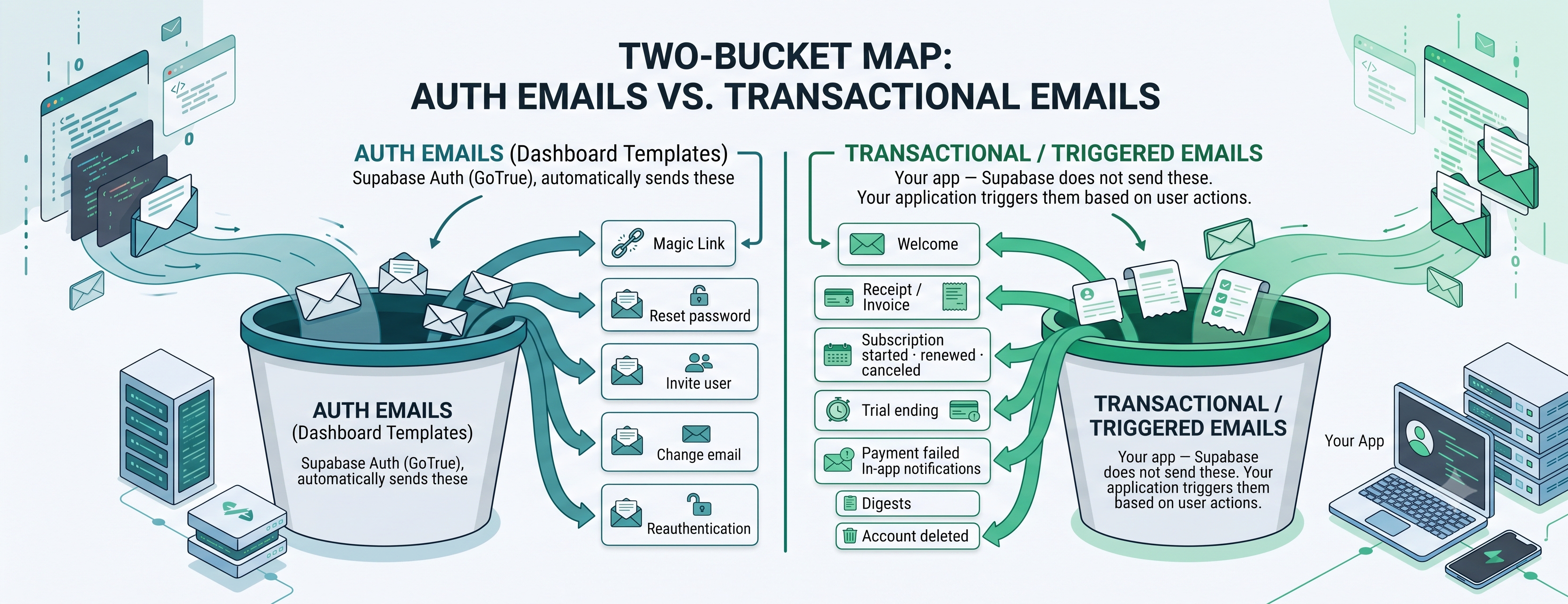 Diagram comparing Supabase auth emails, sent automatically by GoTrue, and app-triggered transactional emails your app sends