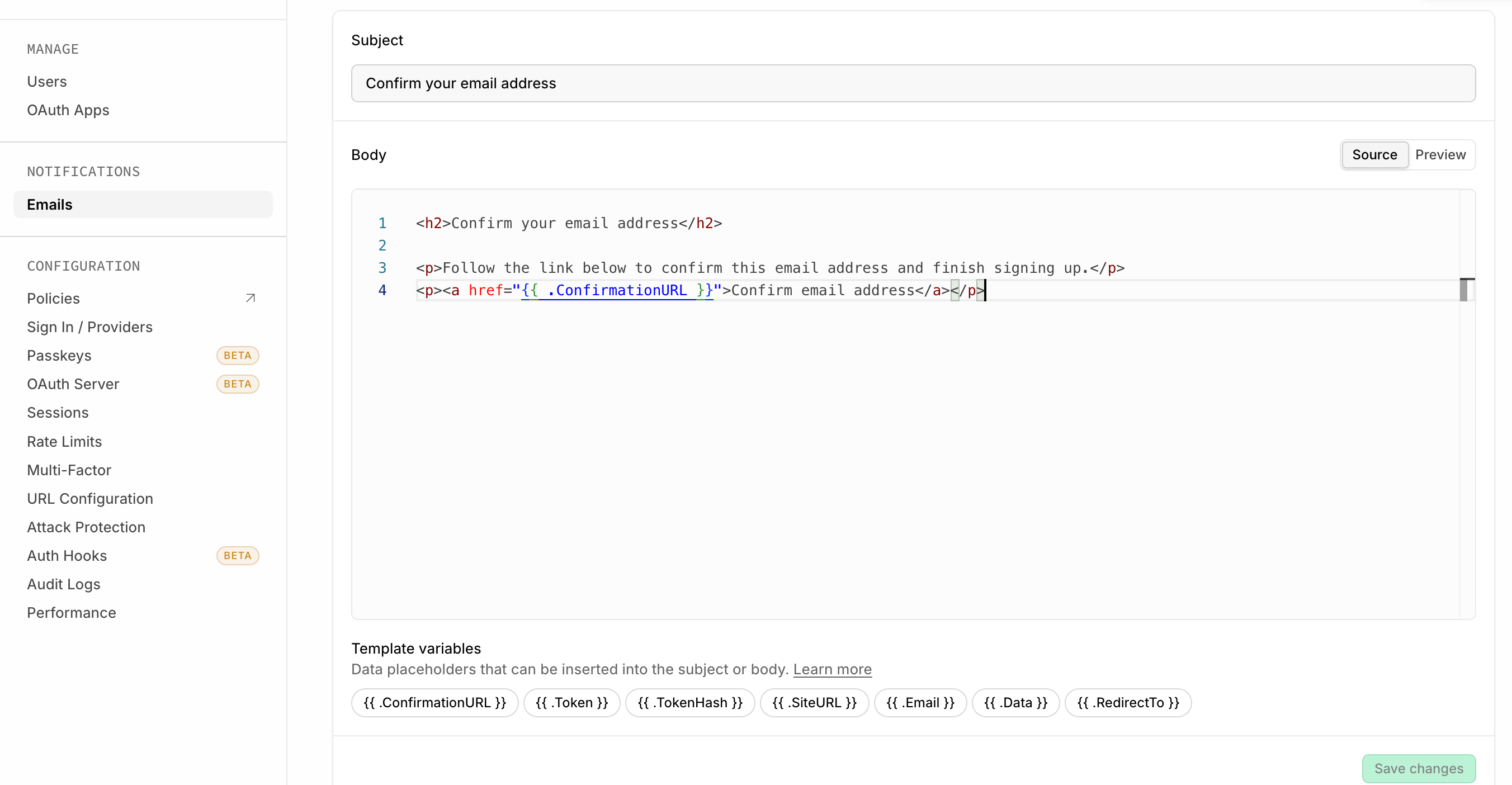 Supabase dashboard email template editor, showing the Subject field, HTML Body source, and template variables